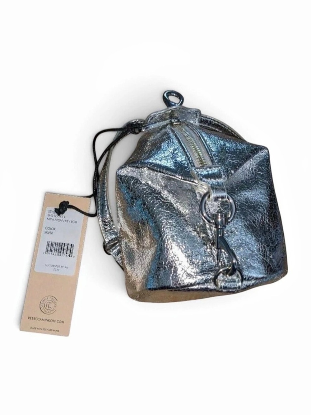 Rebecca Minkoff Mini Julian Leather Key Fob Backpack Charm in a metallic silver
